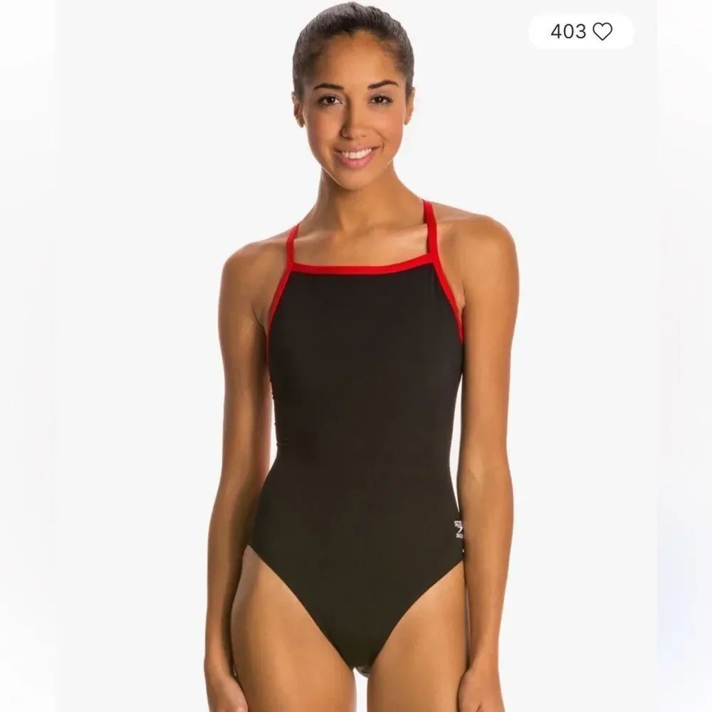 NWT New SPEEDO Solid Endurance+ Flyback Racing Swimsuit Black Red Trim 22